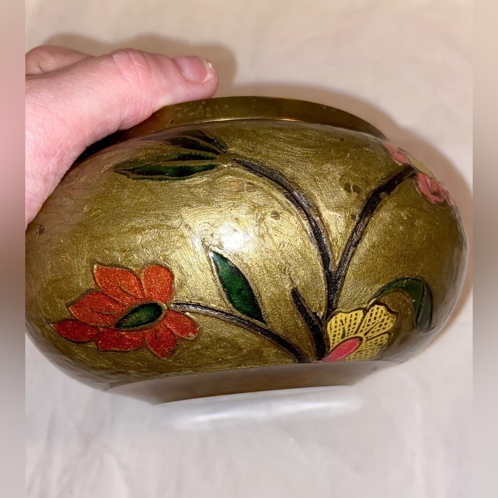 Vintage Brass enameled hand painted floral golden Bowl with lid - Picture 13 of 15